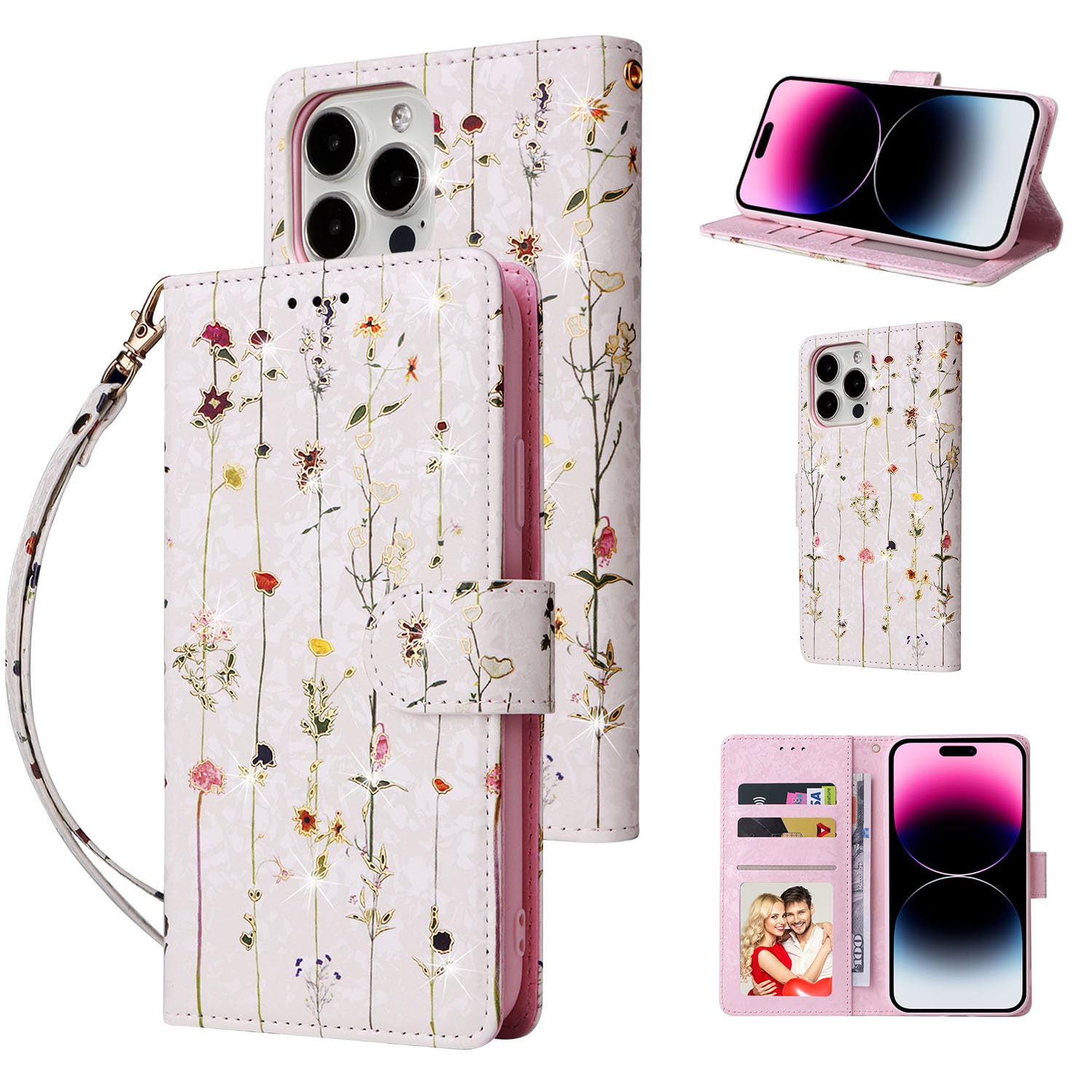 UEEBAI Wallet Case for iPhone 13 Pro Max 6.7 inch, PU Leather Phone Case Kickstand RFID Blocking Flip Case with Card Slots Wrist Strap Relief Engraved Pattern Magnetic Closure Folio Case - Vine — image 1