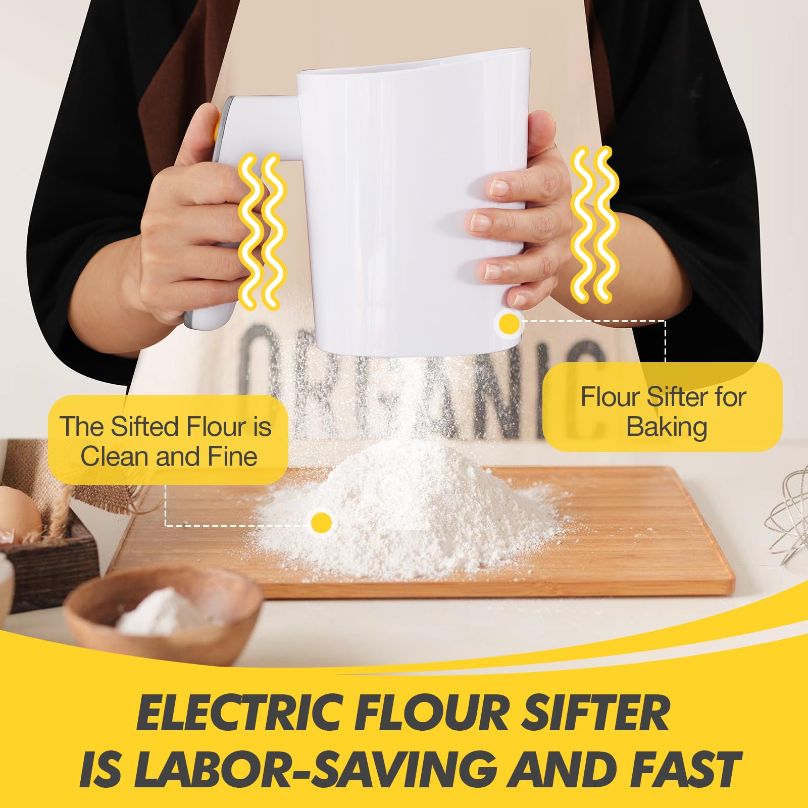 Electric Flour Sifter, Battery Operated Flour Sifter for Baking with Dough Scraper, Ergonomical Handle Flour Sieve for Cooking, Pastry Baking, Easy to Clean