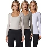 90 Degree By Reflex Womens 3 Pack Ribbed Seamless Crew Neck, Scoop Neck and Sqaure Neck Long Sleeve Top