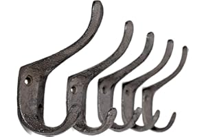 AMBIPOLAR 5 Pack Decorative Cast Iron Heavy Duty Double Hooks, Wall Mounted Coat Hooks, Vintage Inspired (Antique Black) (Spoon Hook)
