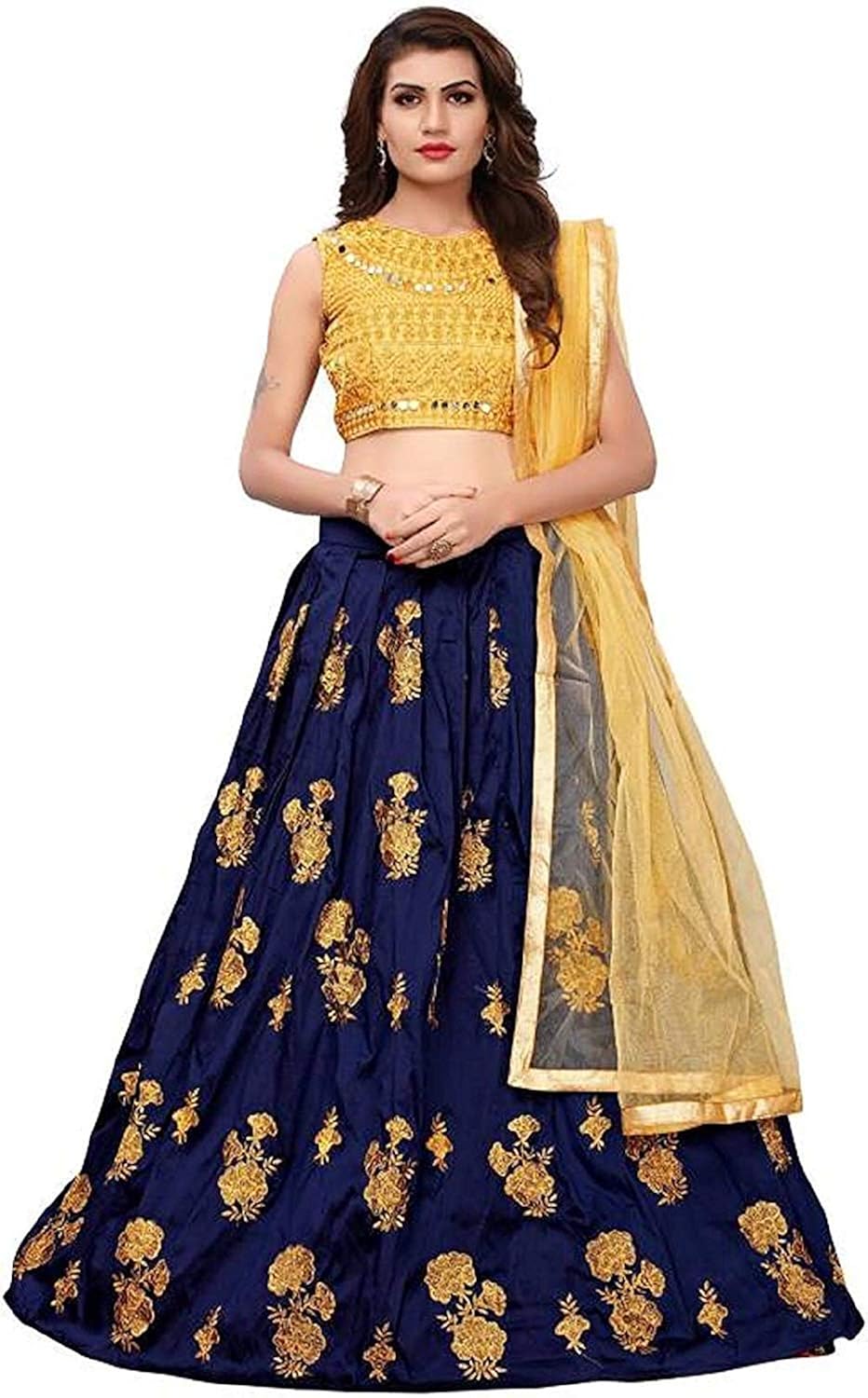 vekisa women's velvet embroidered semi-stiched lehenga choli (free size_navy blue)