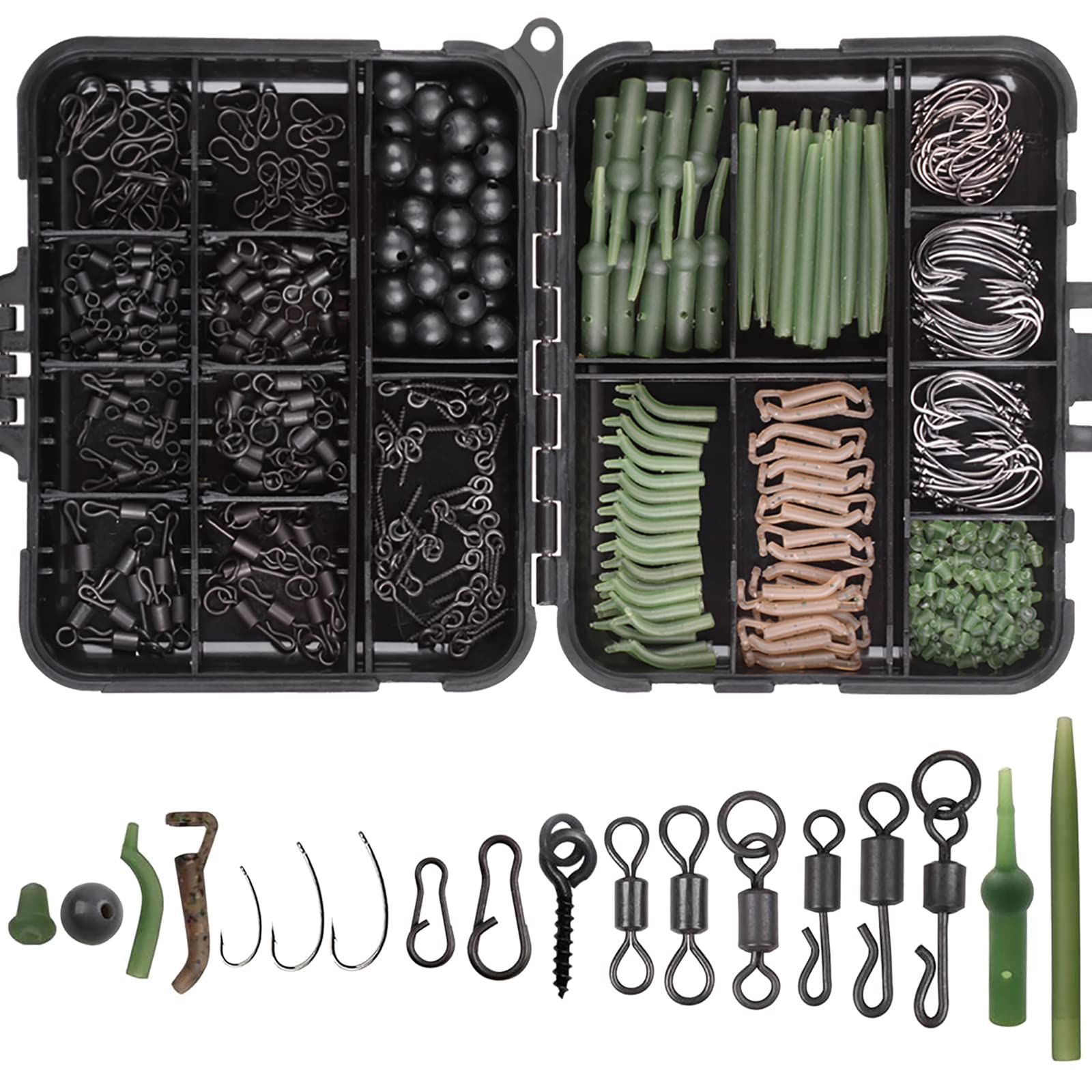 Carp Fishing Tackle Box Kit, 320Pcs/Box Carp Accessories Including Swivels Hooks Anti Tangle Sleeves Hook Stop Beads Boilie Bait Screw Leader Rigging