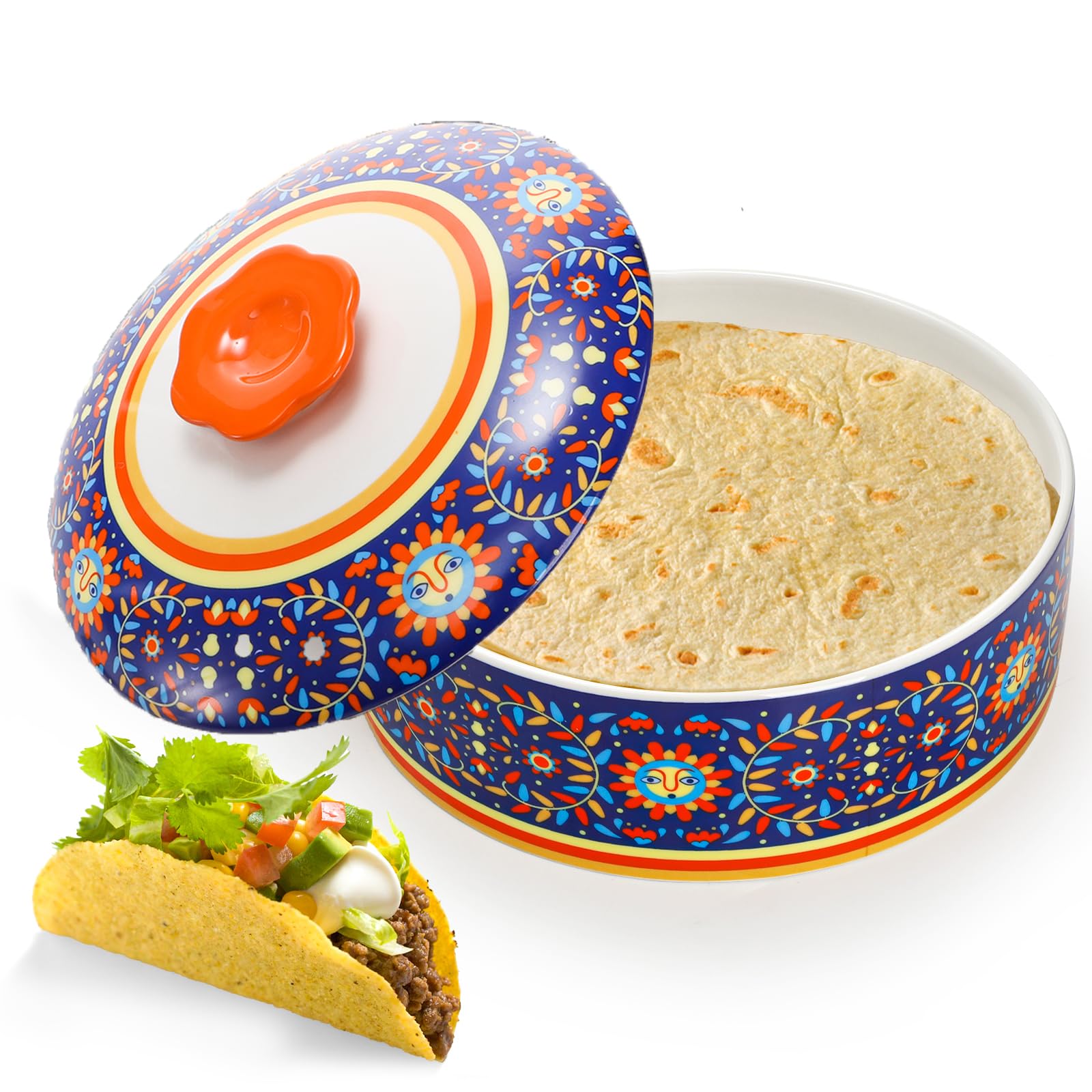 Photo 1 of WRINGKIT Ceramic Tortilla Warmer, 8.5 Inch Tortilla Holder with Lid, Tortilla Pancake Keeper Storage Container for Flour Taco, Chapati, Roti Bread, Microwave Dishwasher Safe