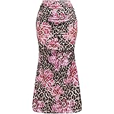WDIRARA Women's Plus Size Leopard Floral Maxi Skirt Ruched Fishtail Bodycon Skirts