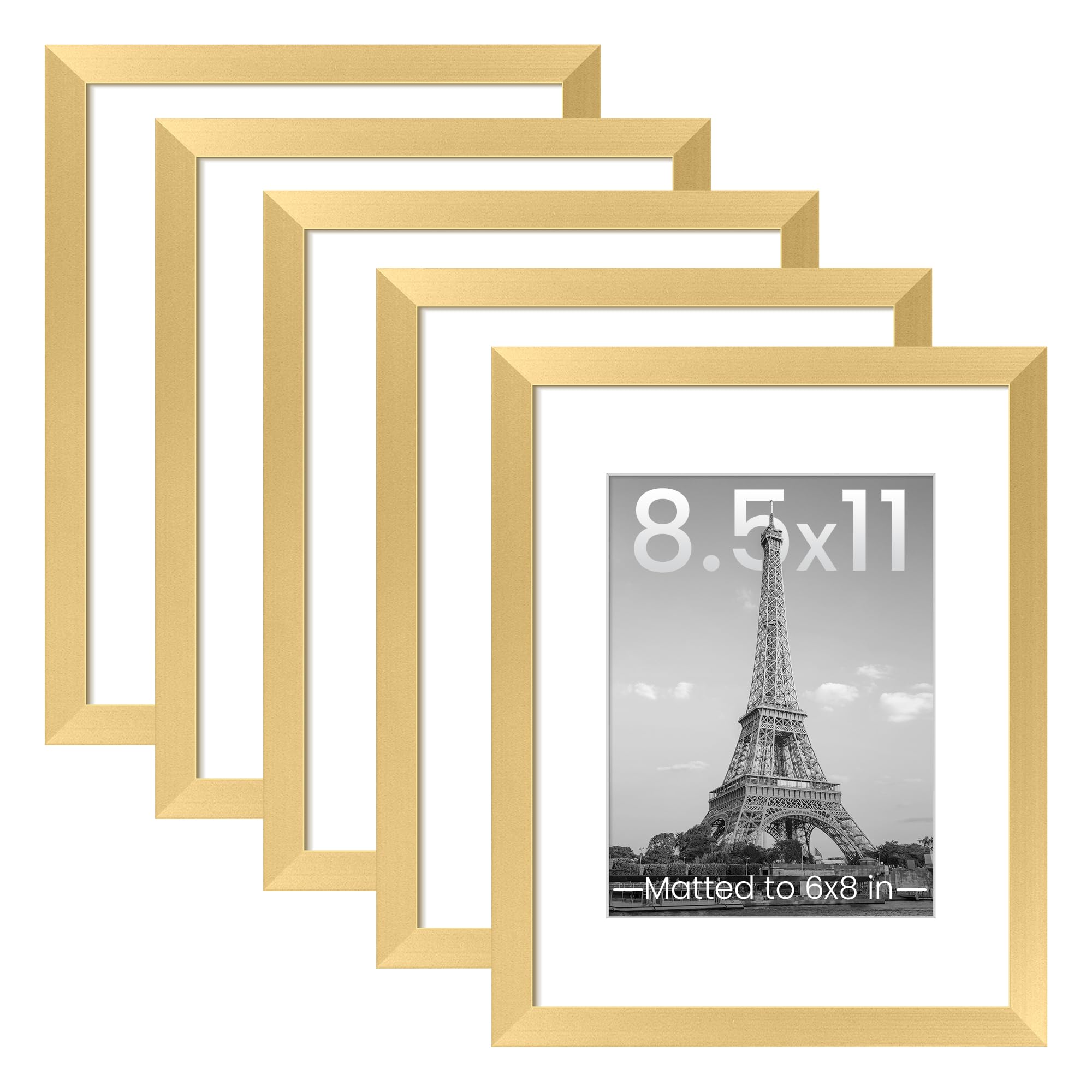 Photo 1 of upsimples 8.5x11 Picture Frame Set of 5, Display Pictures 6x8 with Mat or 8.5 by 11 Without, Wall Gallery Photo Frames, Gold