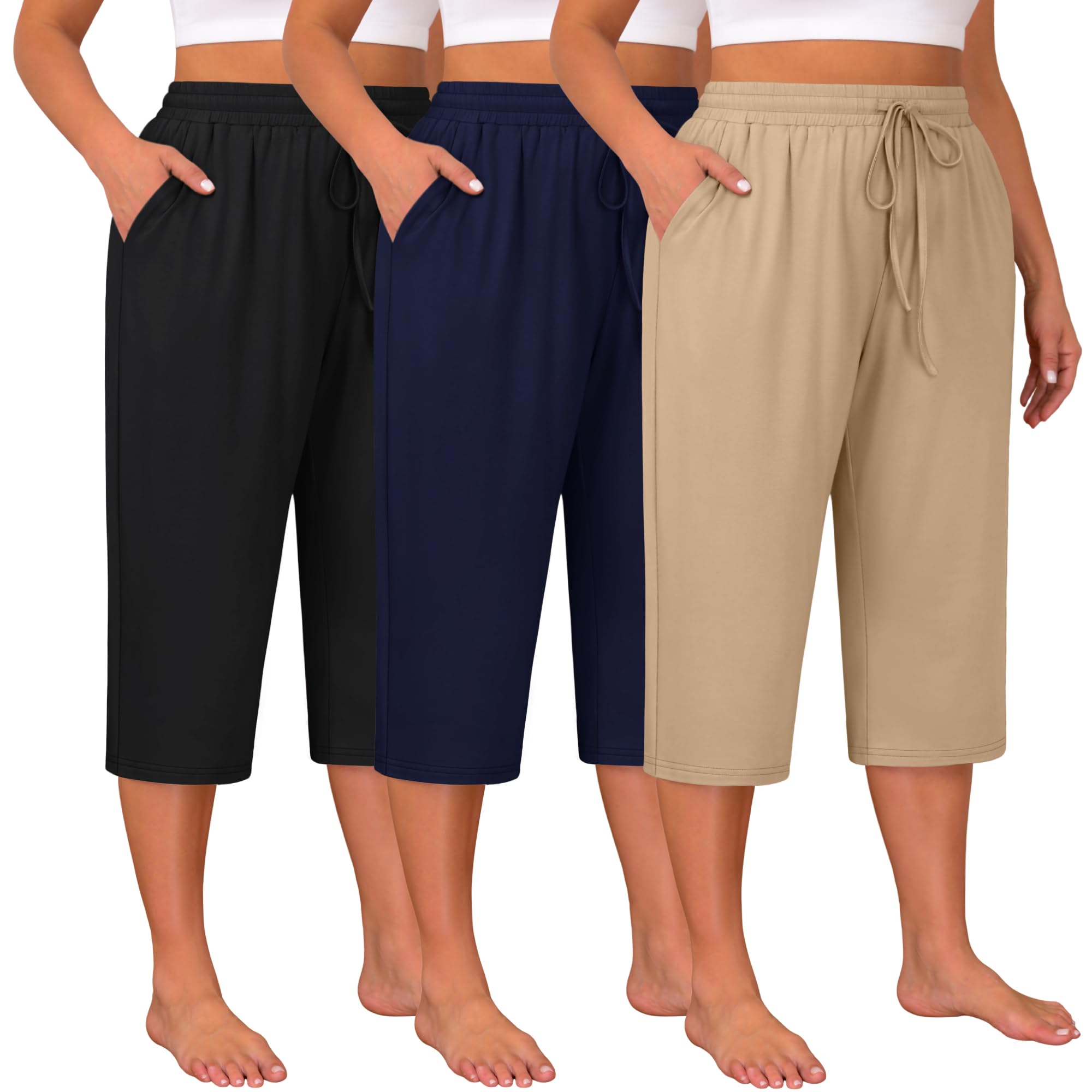 Photo 1 of Huukeay 3 Pack Women's Plus Size Capris, Drawstring Cotton Yoga Capri Sweatpants Summer Casual Loose Cropped Pant with Pocket(Black, Navy Blue, Khaki,5X-Large)