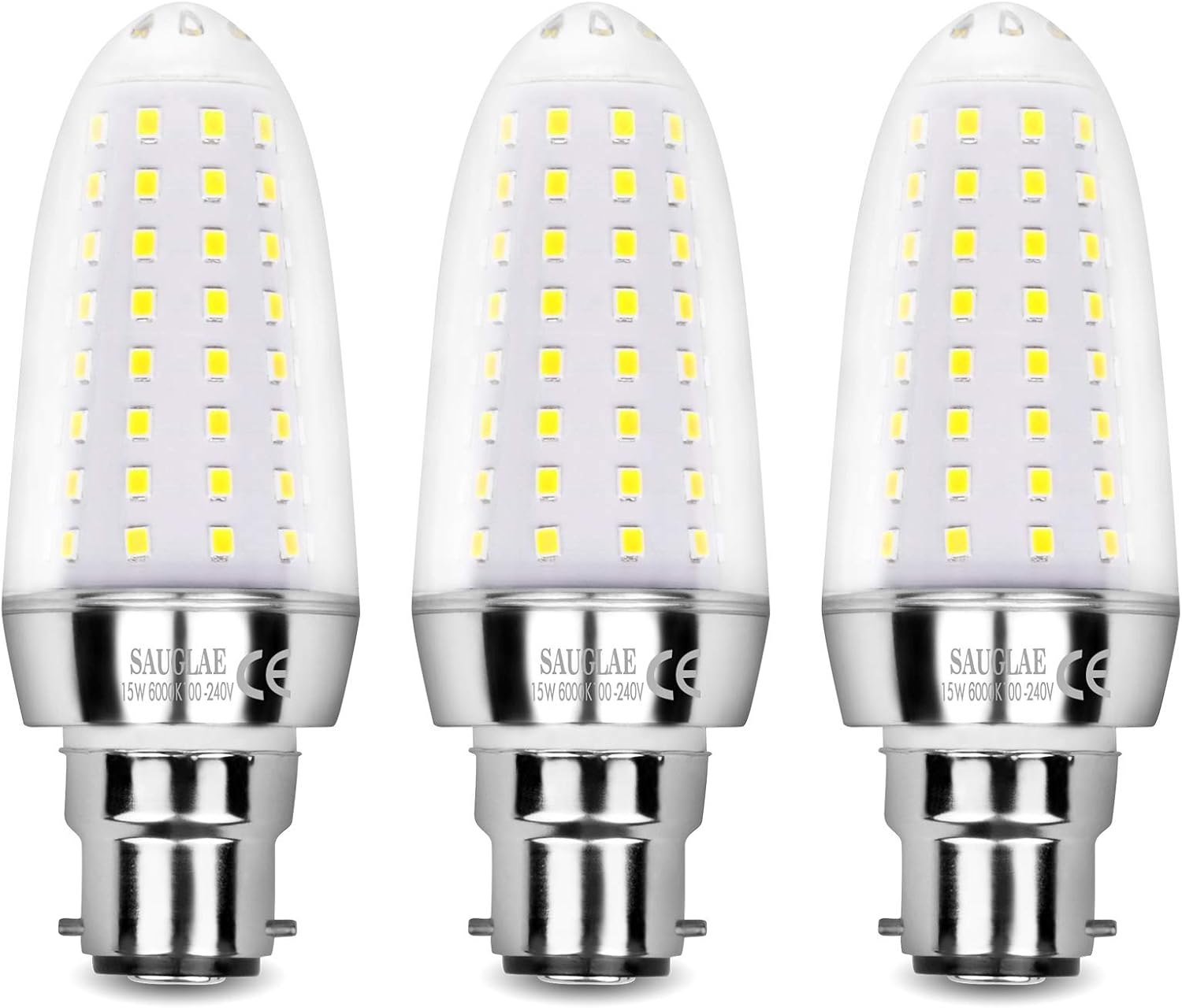 SAUGLAE 15W LED Light Bulbs, 120W Incandescent Bulbs Equivalent, 6000K Daylight White, 1700Lm, B22d Bayonet Cap Led Lights, Pack of 3