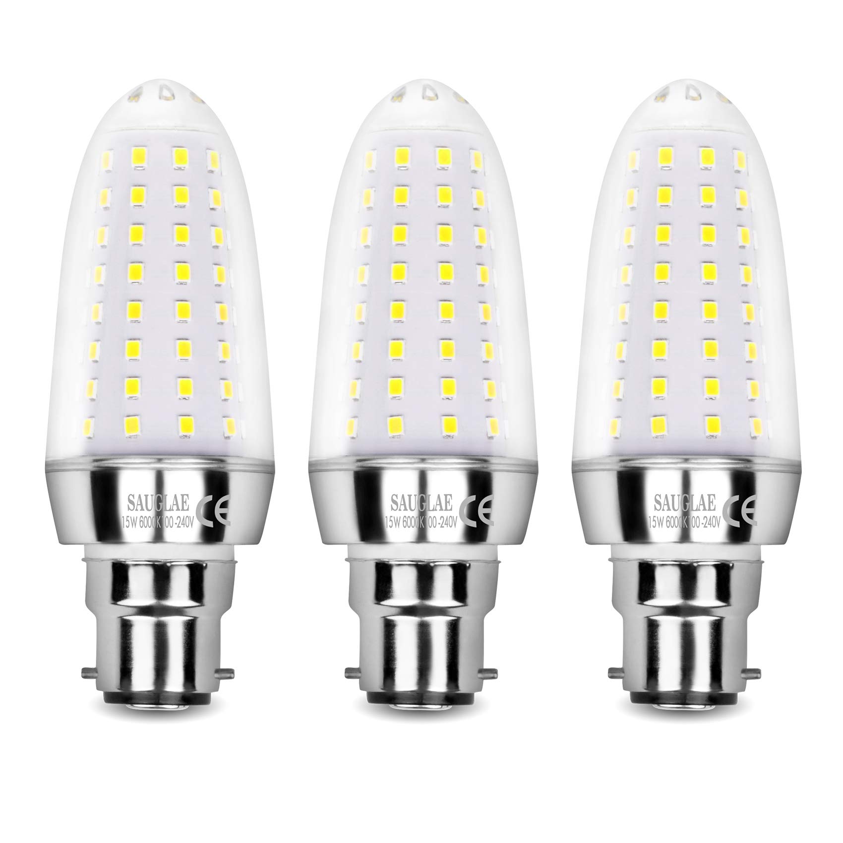 SAUGLAE 15W LED Light Bulbs, 120W Incandescent Bulbs Equivalent, 6000K Daylight White, 1700Lm, B22d Bayonet Cap Led Lights, Pack of 3