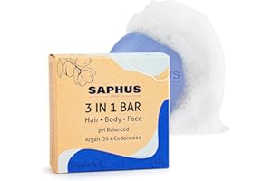 SAPHUS 3-in-1 Shampoo Bars for Hair, Body, Face & Beard | Acidified Bar Soap Moisturizing & Cleansing Bar for Men, Women, Kids | pH Balanced, Sulfate-Free, 1 Pack