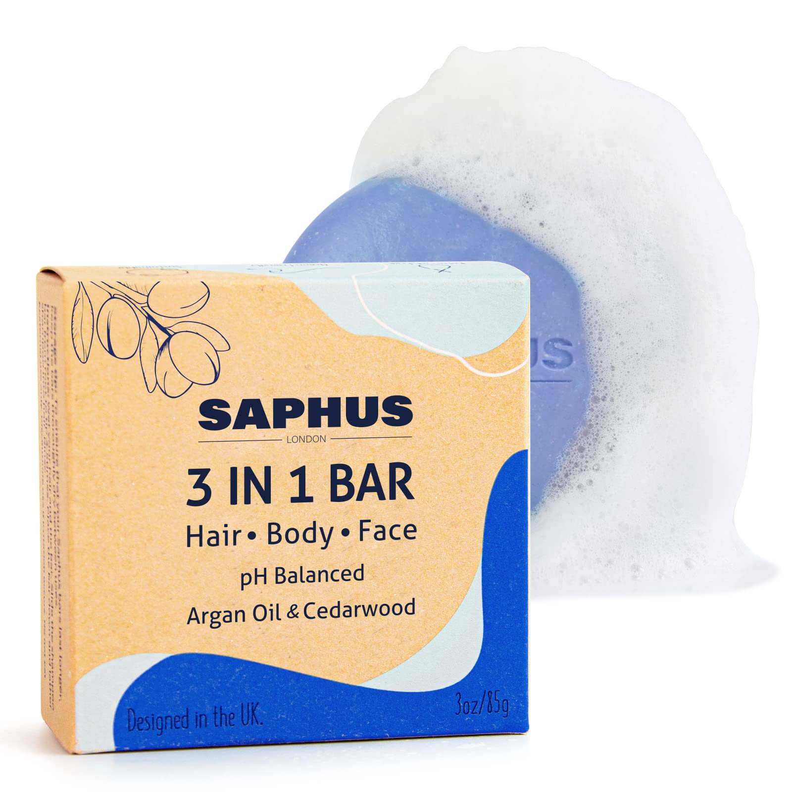 2-in-1 Shampoo Bar and Soap Free Body Wash for Men, Women, Kids with Argan Oil Moisturising - Sulphate Free Hair Shampoo Bars and Conditioner Effective, pH Balancing, Palm Oil Free, Eco-Friendly, 85g