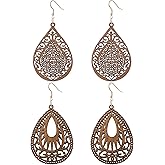 Wovanoo Wooden Hoop Earrings for Women 2 Pairs Natural Wooden Teardrop Earrings Lightweight Drop Dangle Earring