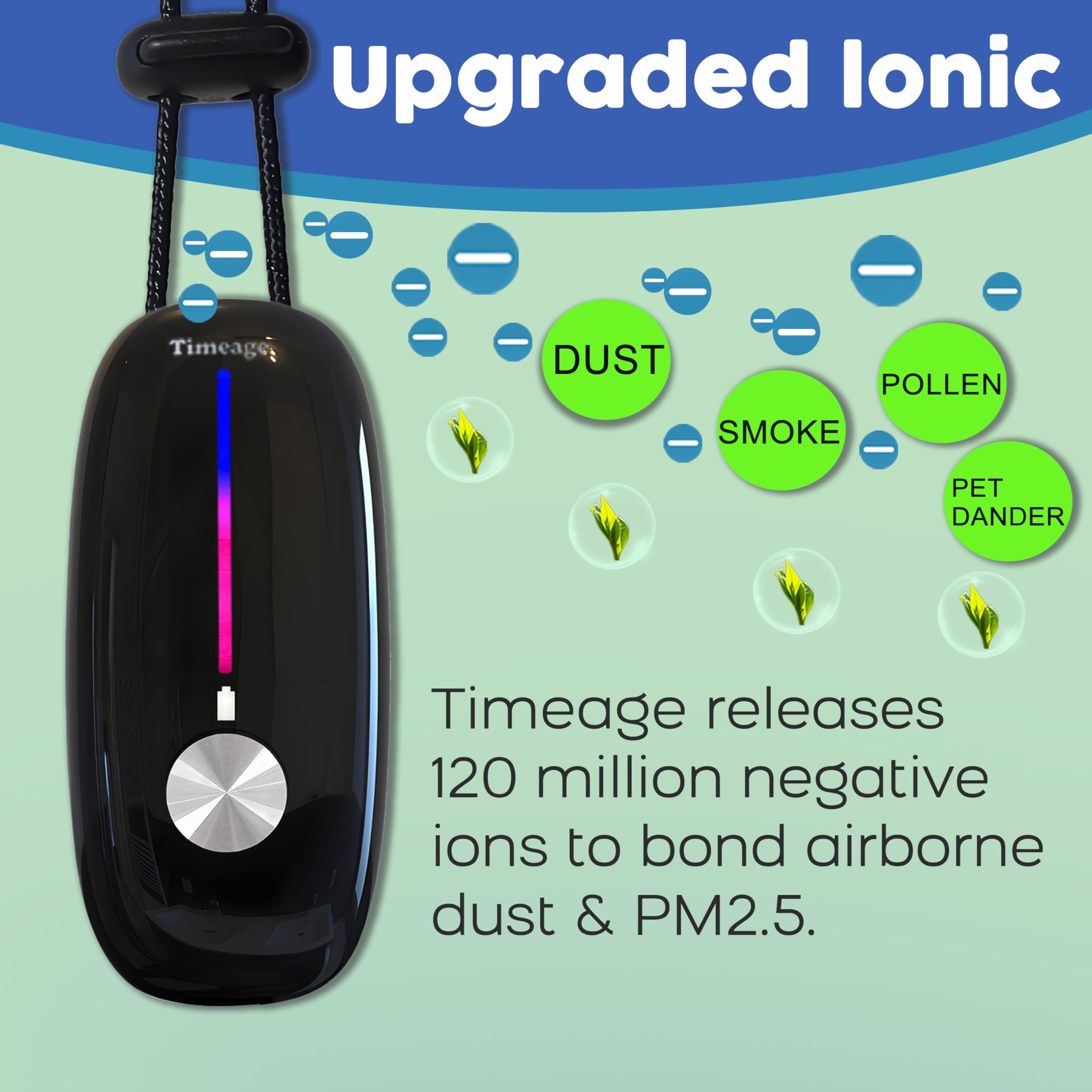 Timeage Portable Air Purifier,Personal Air Purifier Necklace, Wearable Mini Air Ionizer Eliminates Pm2.5, Allergy Pollen,Smoke,Dust for Outdoor,Travel(Black)
