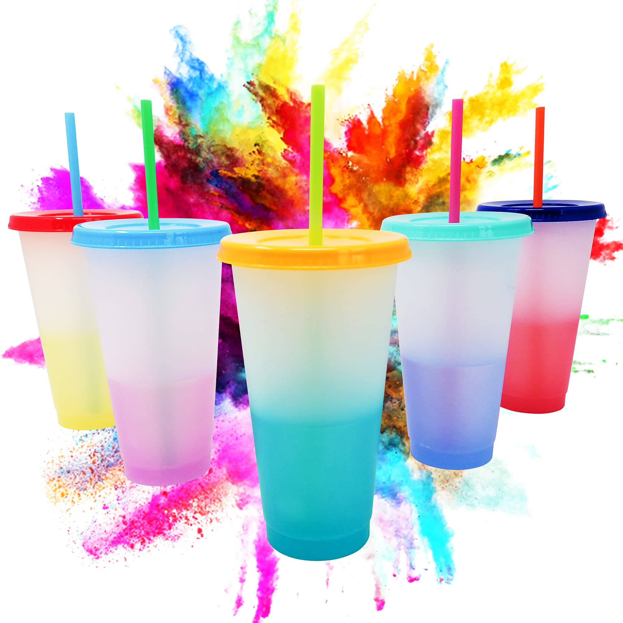 Reusable Colour Changing Plastic Cups with Lids and Straws. Perfect Tumbler for a Kids Party, iced Coffee and slushies. Set of 5
