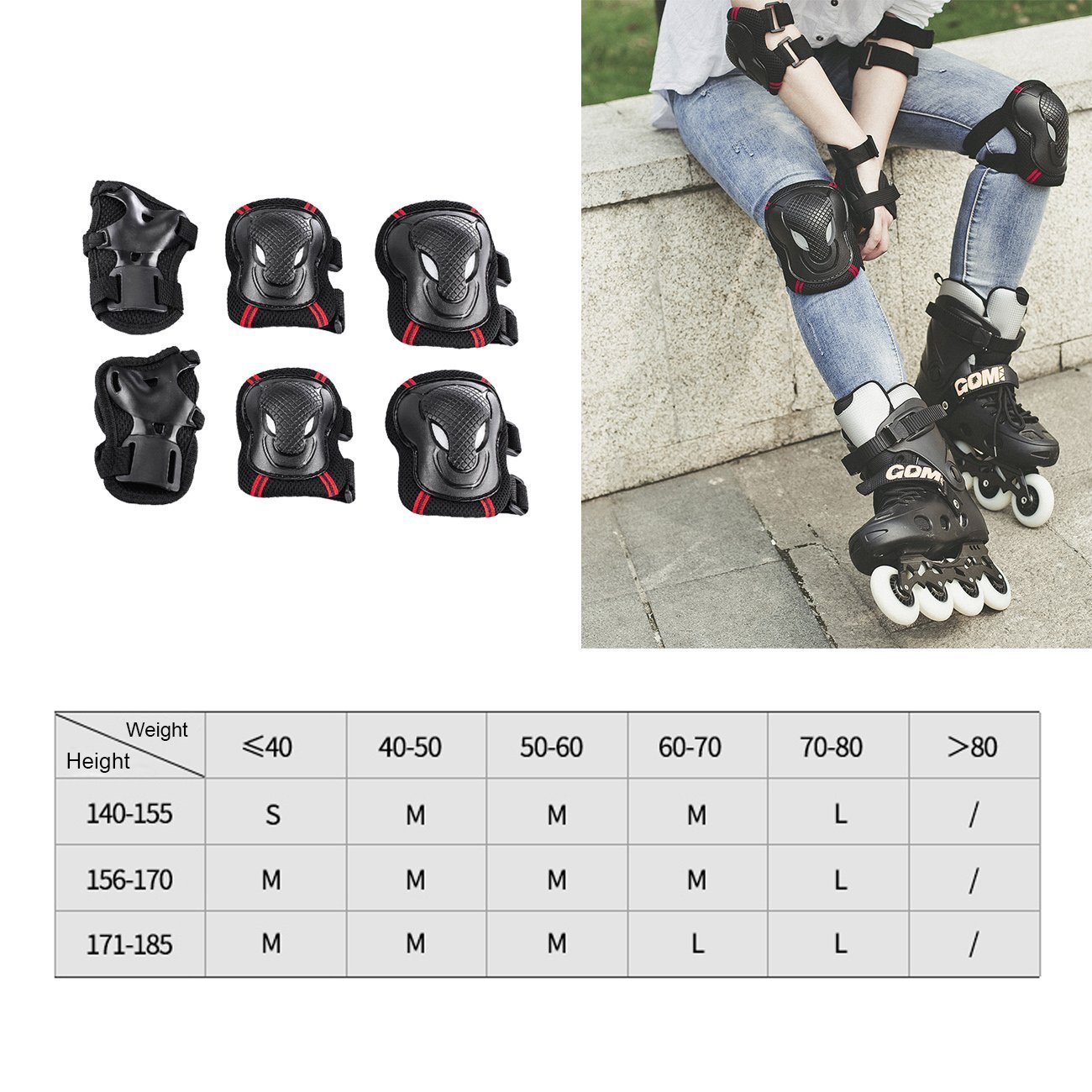 Overmont Skateboard Roller Blading Elbow Knee Wrist Protective Safety Gear Pad Guard 6pcs Set
