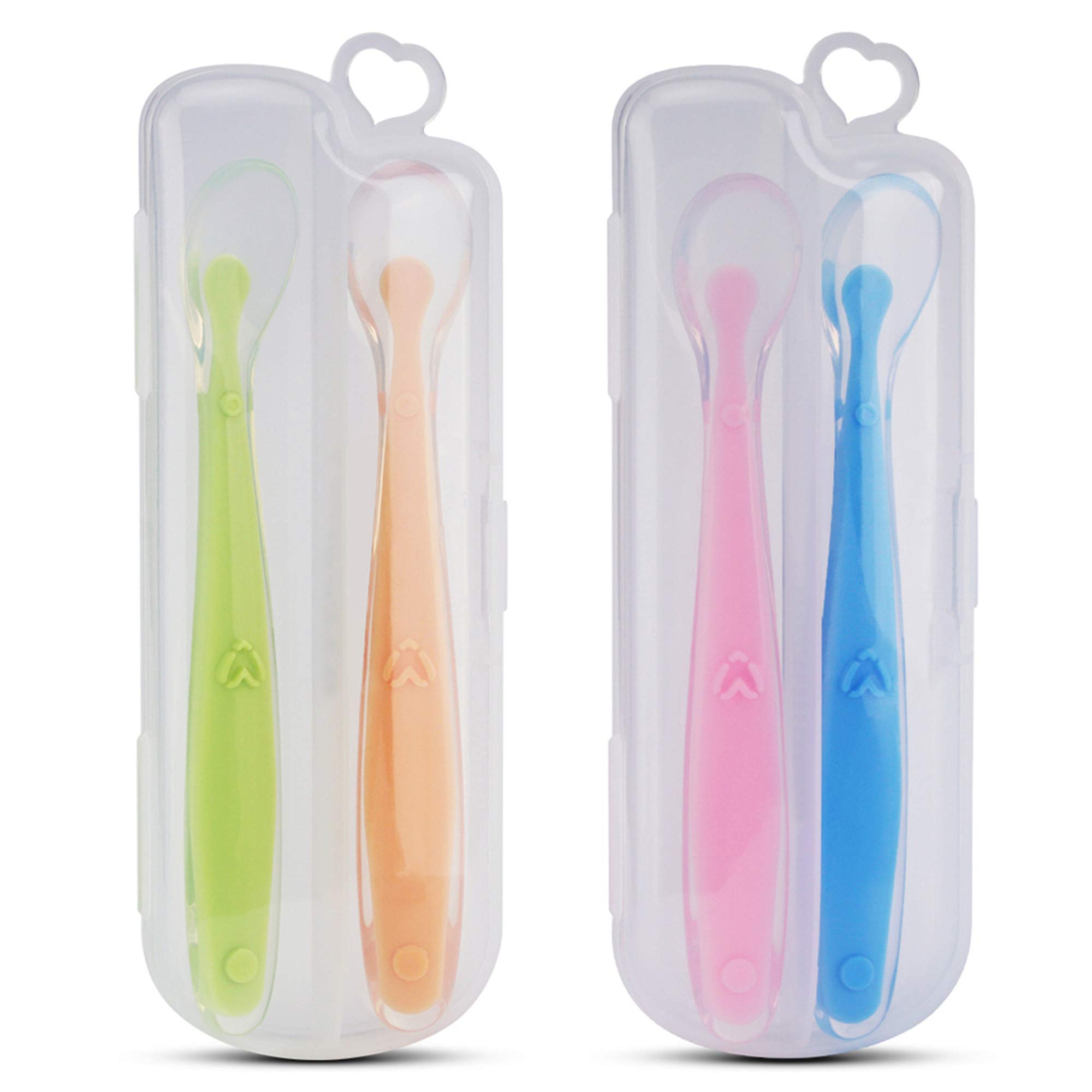 4 Pack Baby Spoon Kirecoo Soft-Tip First Stage Silicone Self Feeding Training Spoons for Baby Led Weaning with 2 Cases for Infant Baby, Best Infant Gift Set