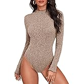 WDIRARA Women's Lettuce Trim Ribbed Knit Tee Top Mock Neck Long Sleeve Bodysuit