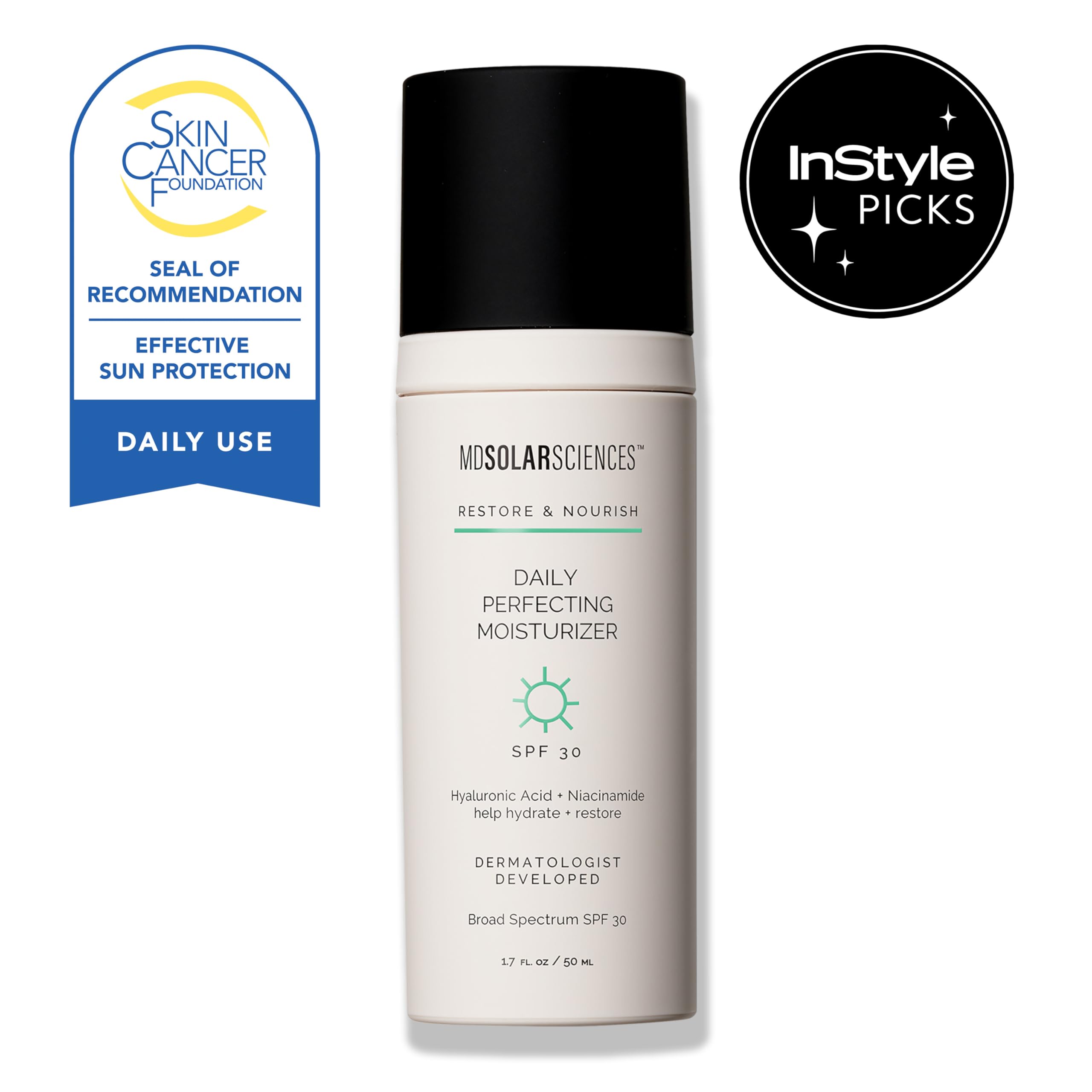 MDSolarSciences Daily Perfecting Moisturizer SPF 30, 2-in-1 Face Moisturizer and Sunscreen Hydrates and Perfects Skin with Hyaluronic Acid, Broad Spectrum Protection, 1.7 Oz
