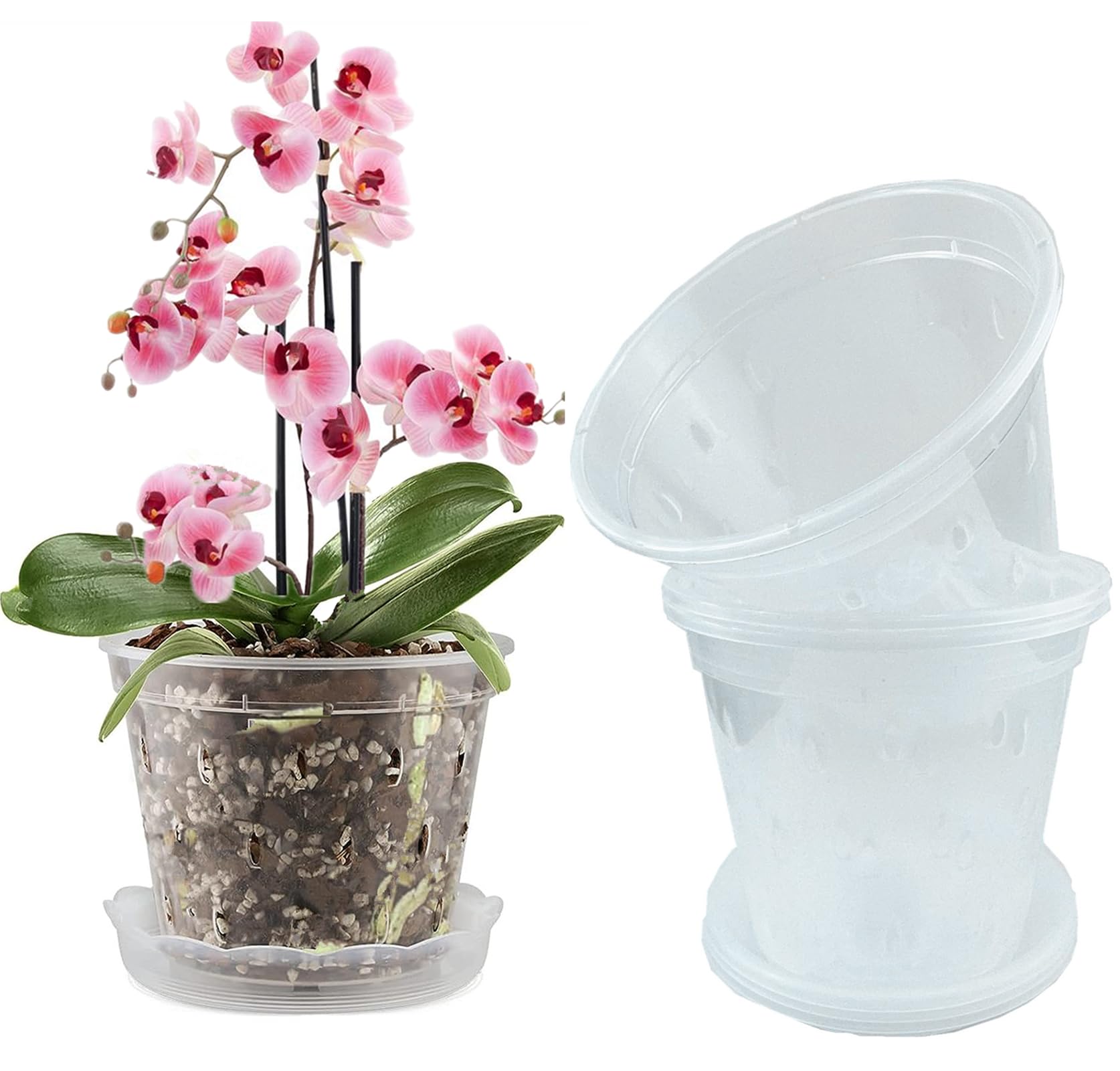 WDragon Clear Orchid Pot,11cm 14cm 17cm Plastic Plant Pots with Holes and Saucers,Nursery Pots for Orchid Repotting Kit (5, 17CM with Saucer)