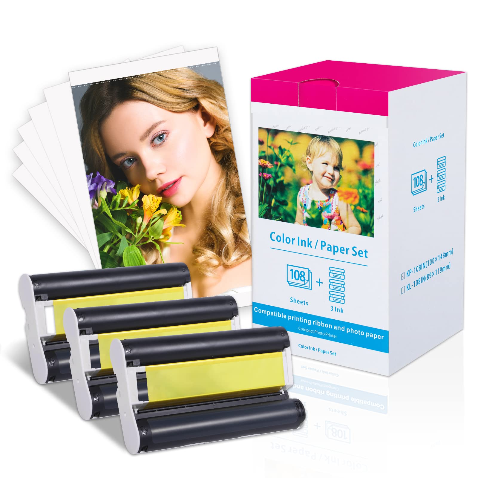 Compatible Canon Selphy CP1500 Ink and Paper for Selphy Photo Printer CP1500 CP1300 CP1200 CP910 CP800 CP780 4x6 inch 10x15cm, KP-108IN 3xKP-36IP Photo Paper 108 Sheets and 3 Colour Ink Cassette