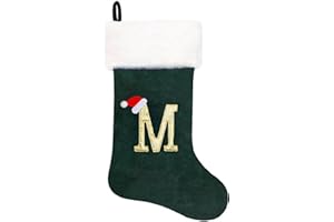 Eoocan 20 Inches Monogram Christmas Stockings Green Velvet with White Super Soft Plush Cuff Embroidered Xmas Stocking Classic Personalized Stocking Decoration for Family Holiday Season Decor(Letter M)