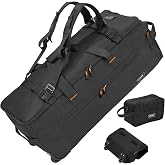 STOVER 100L U-Zip Rolling Duffel Bag with Wheels, X-Large Durable Travel Duffle + Toiletry Bag, Lay-Flat Opening, Packable w/Shoulder Straps- Use as Luggage or Backpack, Men/Women (Black)