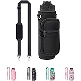 Water Bottle Holder with Strap, Insulated Crossbody Carrier Bag, Black | Fits 32oz and 40oz bottles with adjustable shoulder strap and phone pocket. Ideal for walking, hiking, camping and travel.