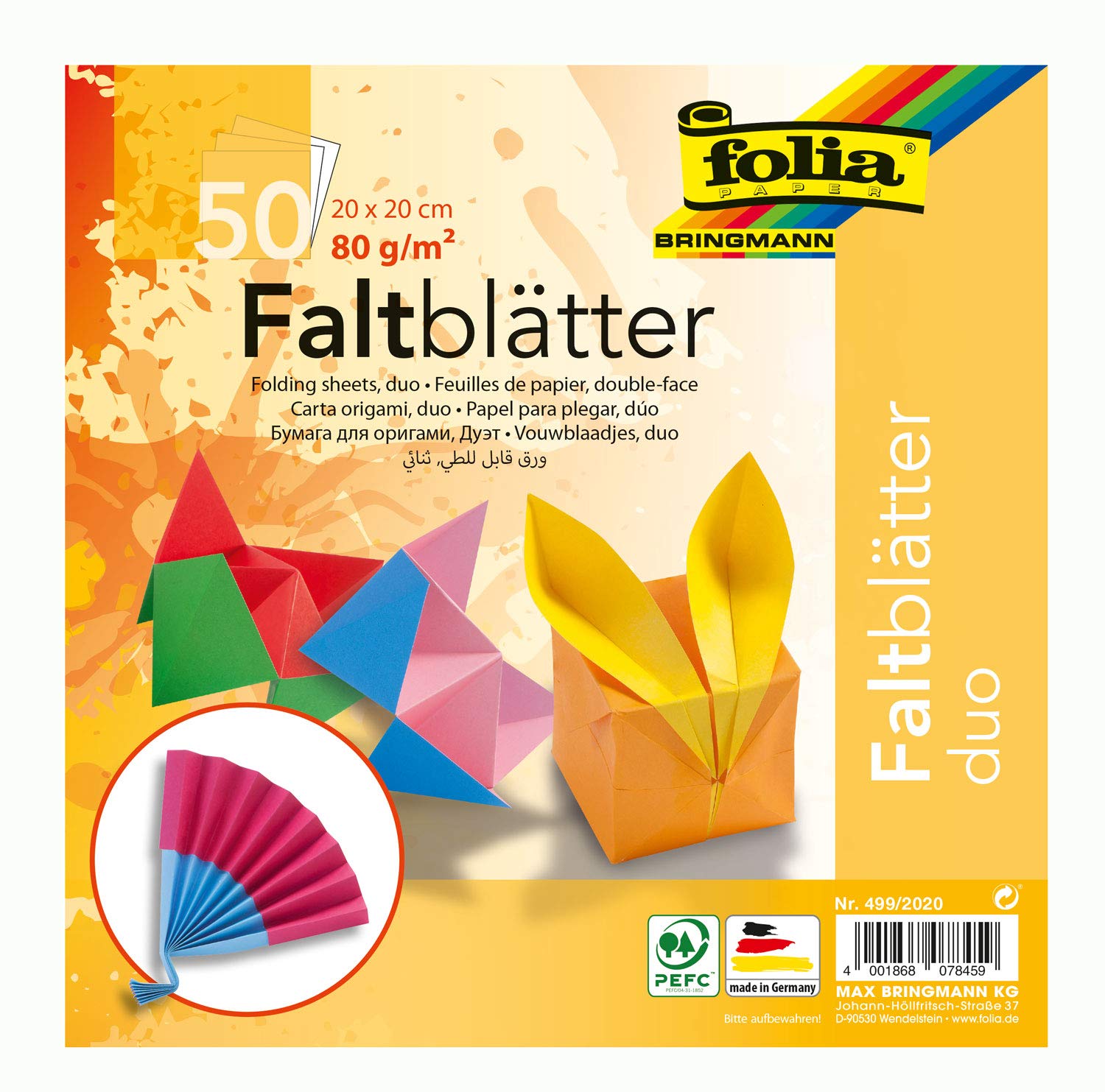 folia Duocolor 499/2020 Folding Sheets 20 x 20 cm, 80 g/m², 50 Sheets Assorted in 10 Colour-Coordinated Front and Back – Ideal for Beautiful Folding Figures and Shapes