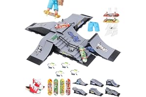 KETIEE Bigger Skate Park Kit: 6 in 1 Finger Skateboard Deck Ramp Set | Ultimate Finger Skatepark Props | Finger Toys with 4 Mini Fingerboards 6 Ramps Shorts Sneakers Display Holder | Gift for Kids