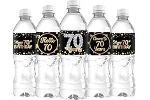 WIDEIDEAL 30Pcs Happy 70th Birthday Water Bottle Labels Cheers to 70 Years Stickers for 70th Wedding Anniversary Party Labels Sign Black