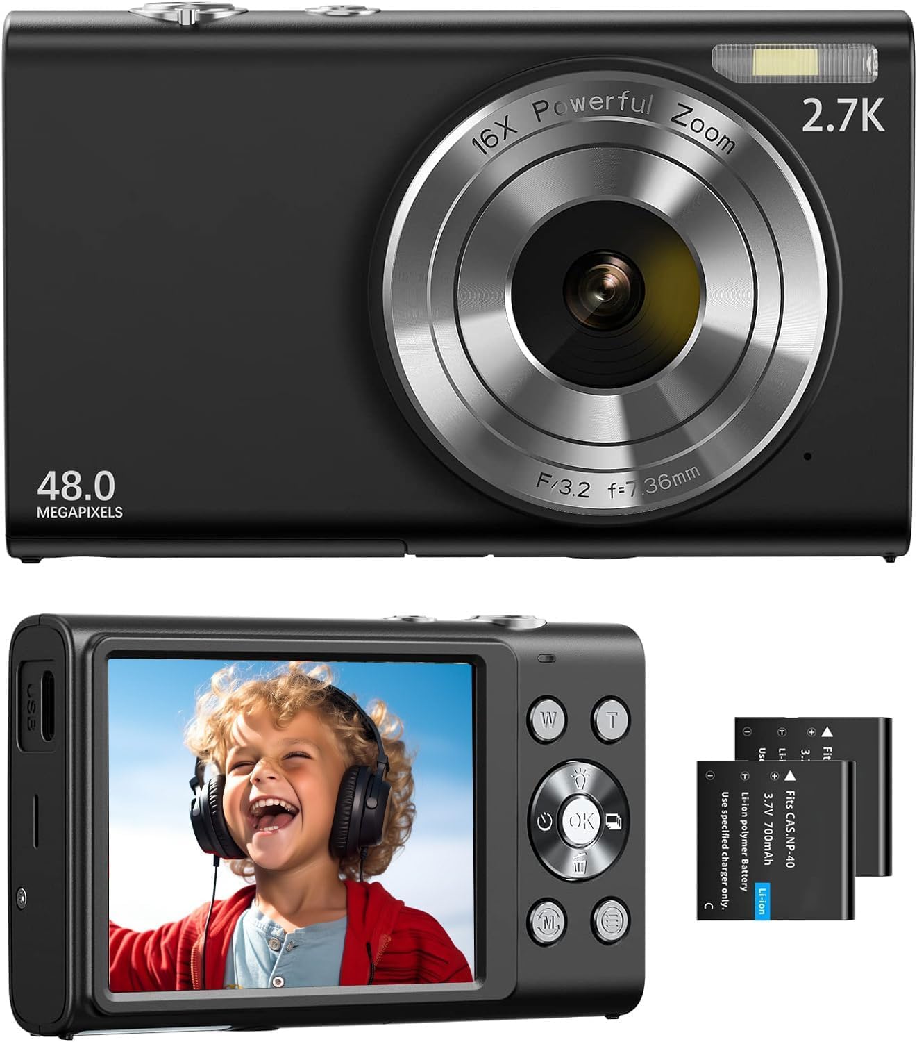 Digital Camera, 2.7K Autofocus Compact Camera 48MP Digital Cameras Portable Camera with 2.8" Screen, 16X Digital Zoom for Kids,Beginner