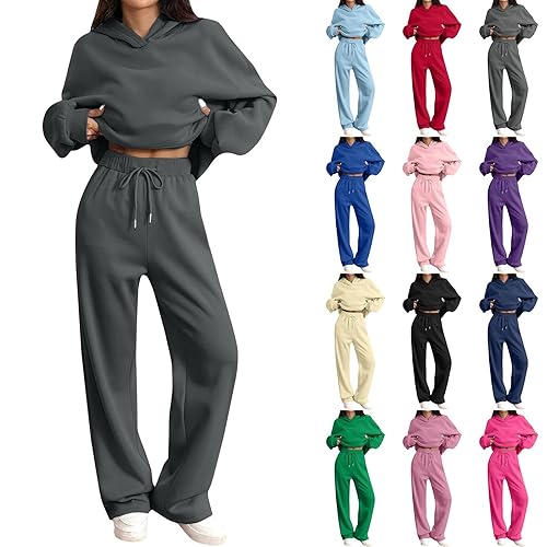 Womens Two Piece Full Set Pants, Long Sleeve Oversized Sweatshirt And Drawstrings Wide Leg Trousers Outfits Hoodie And Sweatpants Jogger Plain Set Ladies Gym Sports Activewear Sets S-3Xl