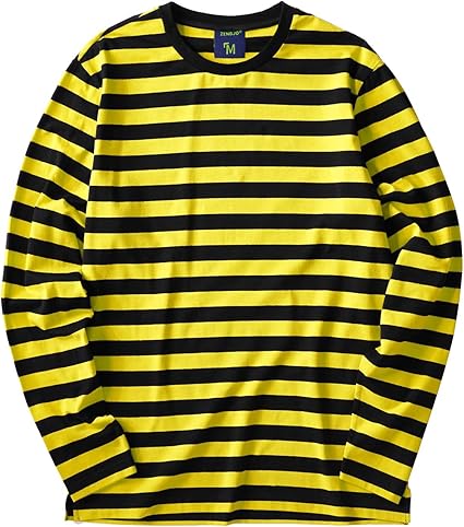 Amazon Zengjo メンズ カジュアル コットン スパンデックス ストライプ クルーネック 長袖 Tシャツ ベーシック プルオーバー ストライプ Tシャツ Tシャツ カットソー 通販