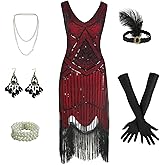 Eunchaes 1920s Gatsby Sequin Fringed Beaded Flapper Dress Cocktail Dress with Roaring 20s Accessories Set