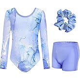 JiAmy Gymnastics Leotards for Girls Cross Back, Long Sleeve Sparkly Dance Biketards with Shorts Ballet Outfit for 3-12 Years