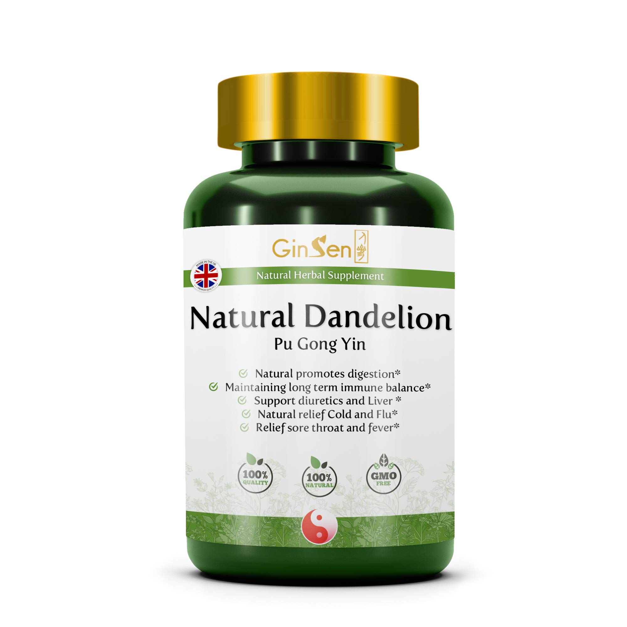 GinSen Dandelion Root Extract Tablets, Non-GMO, Digestion Support, Promotes Liver Health, Natural Herbal Supplement, Gluten Free, Traditional Chinese Medicine Made in The UK (60 Tablets)