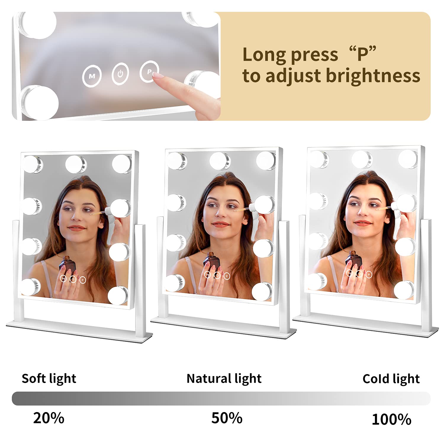 Vanity Mirror with Lights, Makeup Mirror with Lights,3 Color Lighting Modes Detachable 10X Magnification Mirror Touch Control,360°Rotation, White.