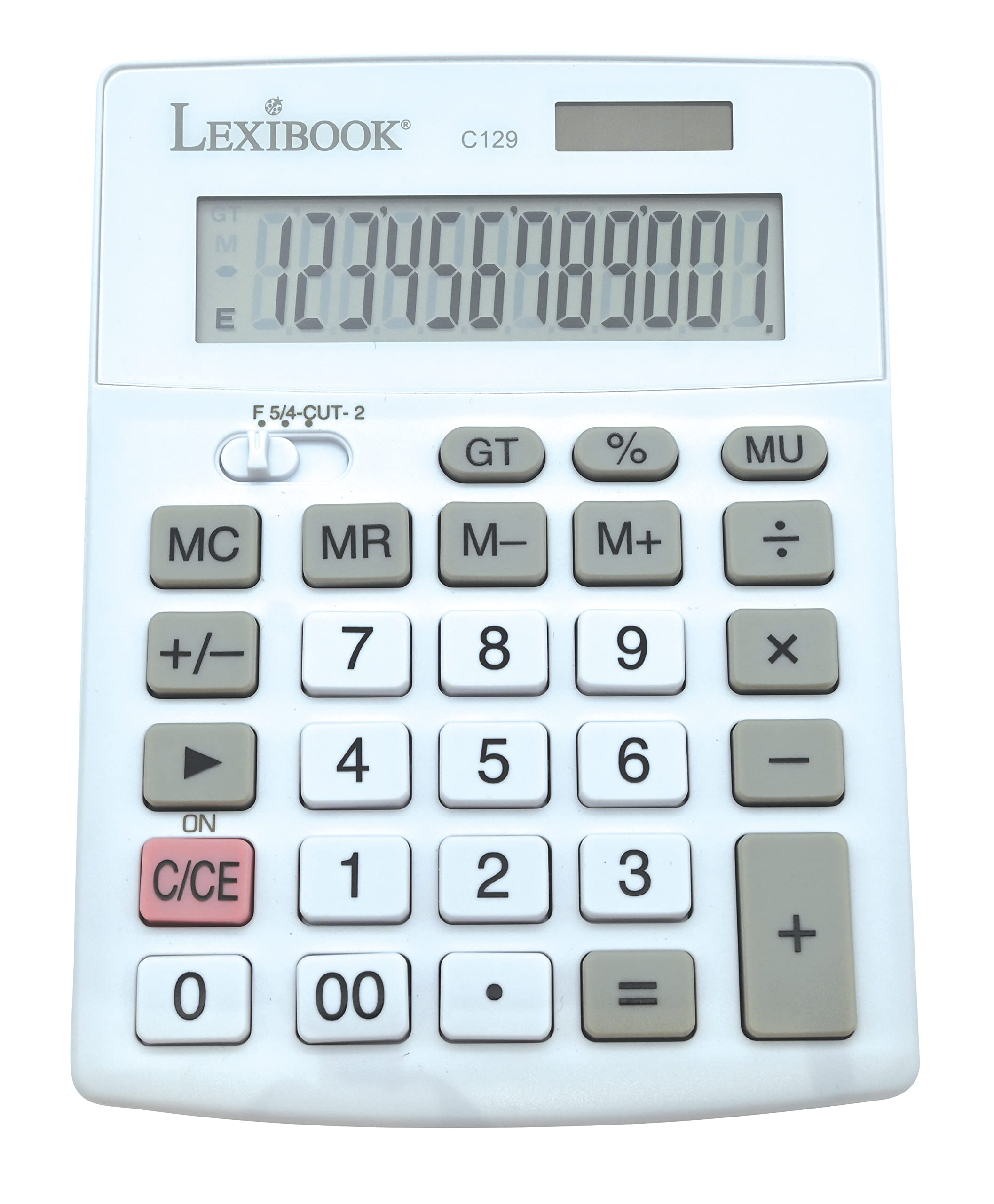 Lexibook, 12 Digit Desktop Calculator with LCD Screen, 8 Functions, Large Keys, Solar & Batteries, White/Grey, C129