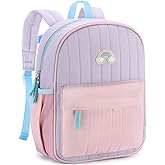 VASCHY Toddler Girls Backpack, Kids' Small Lightweight Quilted Color-blocked Bookbag School Backpack for Kindergarten Children Light Purple Pink