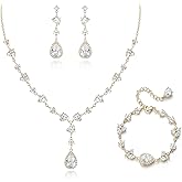 Crysdue Teardrop Bridal Jewelry Set for Wedding Party, Silver/14K/Rose Gold Plated Prom Costume Jewellery for Bride Bridesmaids Women, Cubic Zirconia Necklace Dangle Earrings Bracelet
