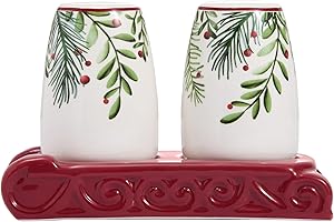 Bico Santa On The Way Salt and Pepper Shaker Set with Sleigh Holder – Hand-Painted Ceramic Holiday Shakers with Stand, Dishwasher Safe Christmas Table Décor