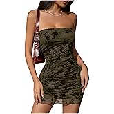 Milumia Women Sexy Floral Strapless Tube Top Dress Mesh Ruched Bodycon Party Club Date Night Mini Dress