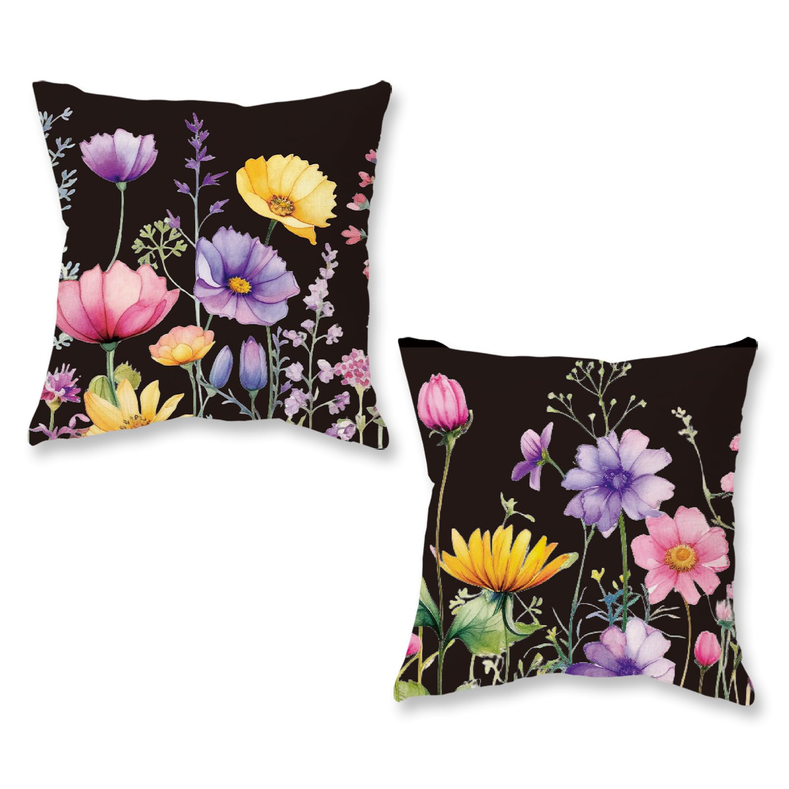 Photo 1 of ONWAY Spring Summer Pillow Covers 16x16 Inch Set of 2 Floral Colorful Flowers Decorations Farmhouse Living Room Outdoor Cushion Case for Sofa Couch Home Bed Black