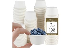 brheez 2 oz - Pack of 100 Disposable Bagasse Fiber Souffle Cups , 100% Natural Biodegradable & Compostable Perfect for Condiments Small Portion & Samples , Eco Friendly Paper Alternative - White