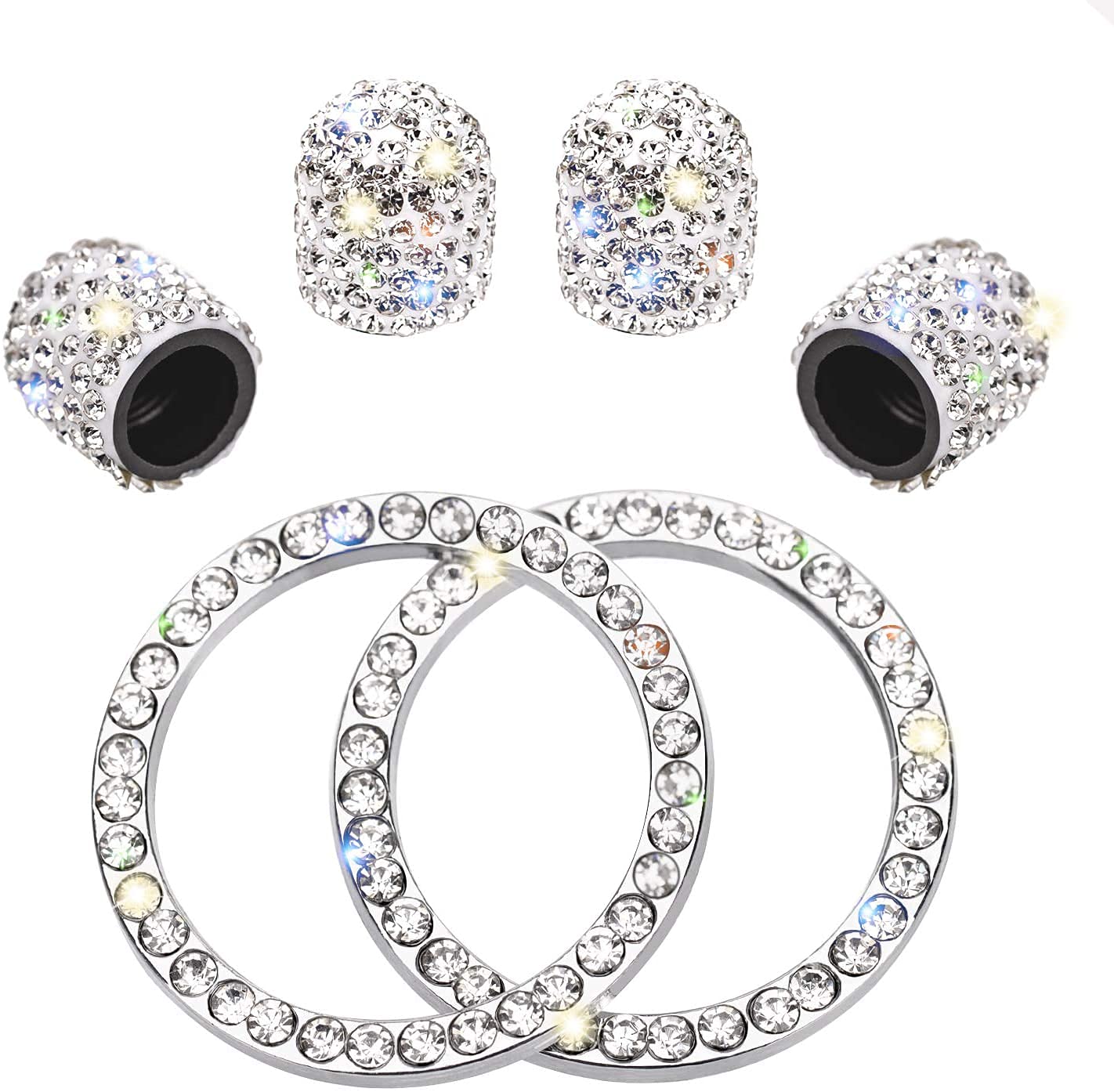 SAVITA 4 Pack Crystal Diamond Rhinestone Tire Valve Stem Caps Universal Valve Dust Caps Bling Car Accessories with 2 Bling-bling Car Ignition Button Ring Push Start Sticker Rings