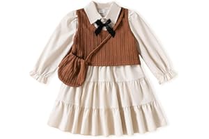 sweetabby Toddler Little Girls Dress Fall Winter Clothes Long Sleeve Shirt Dresses and Knit Vest Set Kids Girls Outfits