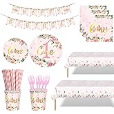 147Pcs 1st Birthday Party Supplies, First Year Floral Birthday Tableware Decorations Favors for Baby Shower, Girls’ One Birthdays Plates Napkins Cups Tablecloth Forks Dinnerware, Serves 24 Guests