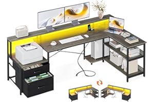 ODK L Shaped Desk with File Drawer, 75" Reversible L Shaped Computer Desk with Power Outlet & LED Strip, Office Desk with Sto