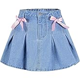 Floerns Girl's Cute Bowknot Pleated Skirt Elastic Waist Casual Denim Skirt