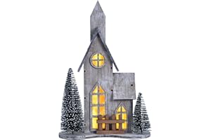 GHOSTMAGIC Wooden Christmas Village House with LED, Xmas Decor Indoor Tabletop Centerpiece with Tree, Lighted Christmas House Decor for Home Shelf Mantle, Winter Holiday Village Display (Style B)