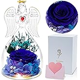 DONSAJI Gifts for Mom Birthday, Glass Angel with Real Rose Inside, Preserved Rose Angel Gifts for Women, for Mom from Daughter Son, Blue Forever Flowers Gift for Grandma Wife